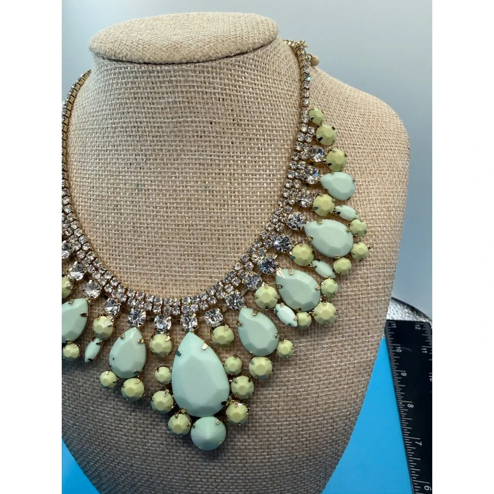 Mint Green Yellow Statement Bib Necklace Gold Tone Rhinestone‎ Crystal Chunky
